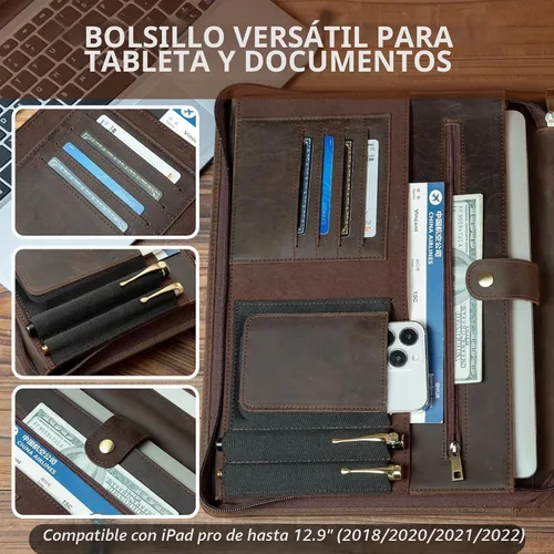 Vista 5 de YIWEN Leather Portfolio with Handle, Zippered Front Pocket and Clip Caqui oscuro