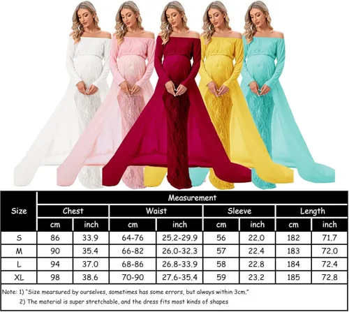 Vista 7 de ZIUMUDY Vestido de maternidad para sesión de fotos de manga larga con hombros descubiertos vestido de encaje ajustado con capa larga de gasa trian