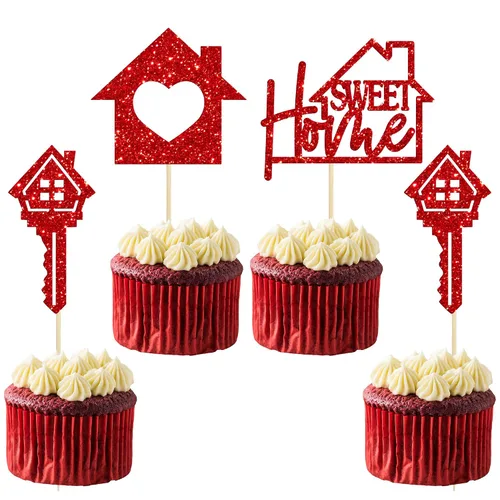 Vista 9 de Gyufise Paquete de 24 adornos para cupcakes Sweet Home con purpurina para inauguración de la casa, para bienvenida, nuevo hogar, fiesta temática