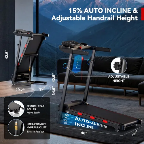 Vista 4 de Cinta de correr inclinada de 8.7 MPH para correr y caminar, cintas de correr BLDC silenciosas de 3.5 HP para el hogar con tecnología de doble