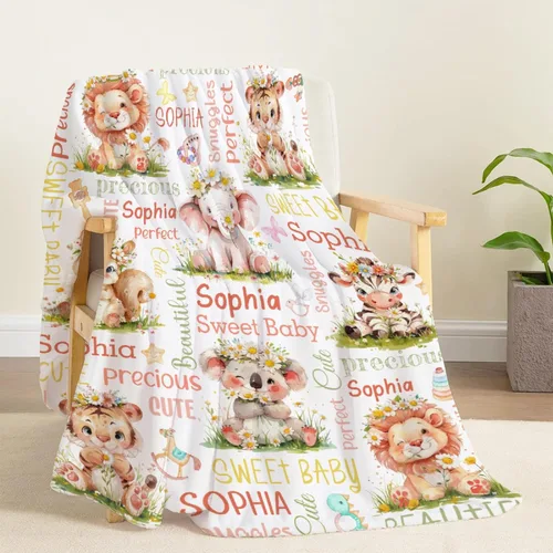 Vista 5 de Manta de bebé personalizada con diseño de animales del bosque, manta personalizada con nombre para niñas y niños, regalos de registro, manta suave