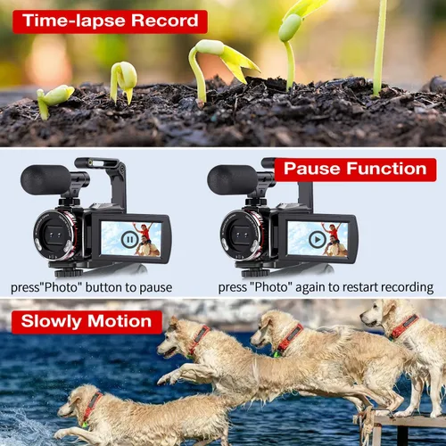 Vista 5 de Videocámara digital 4K, cámara dual de 64MP UHD Vlogging para YouTube, zoom digital 21X, cámara de vlog con micrófono externo, estabilizador