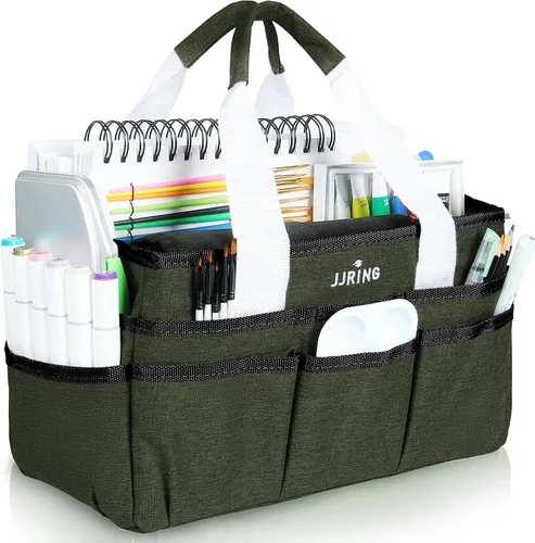 Vista 29 de JJRING Bolsa organizadora de manualidades, organizador de arte con múltiples bolsillos, bolsa de costura beige para arte, manualidades, álbumes
