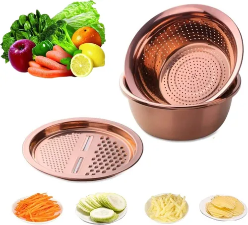 Vista 8 de Juego de 3 piezas de colador de acero inoxidable, cortador de verduras y frutas, pelador de patatas, zanahoria, colador, utensilios redondos