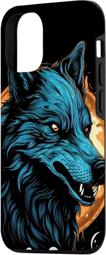 Vista 2 de Funda de arte de fantasía negra oculta para iPhone 14, lobo gótico, lobo y luna
