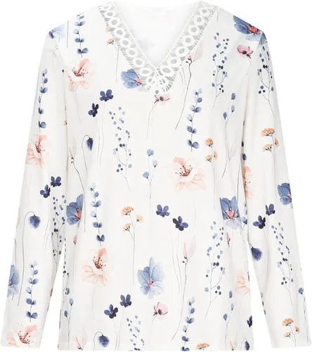 Vista 4 de Camisetas de otoño con estampado floral para mujer con ribete de encaje de ganchillo cuello en V estilo casual sueltas sin botones