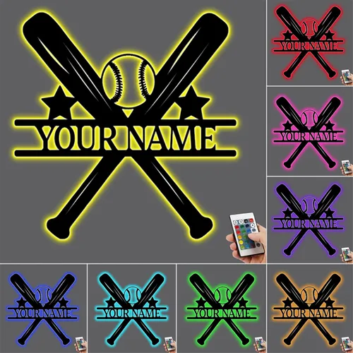 Vista 2 de Luz nocturna de béisbol con nombre personalizado para niños y hombres, arte de pared de béisbol personalizado, letrero de jugador de béisbol