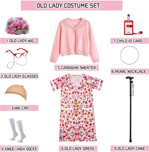 Vista 5 de Watlie 100 Days Old Lady Costume for Kids, Old Lady Costume