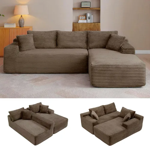 Vista 8 de Sofá modular en forma de L de 108 pulgadas, sofá modular sin hueso para sala de estar, cómodo sofá esponjoso de pana con asiento profundo Camel