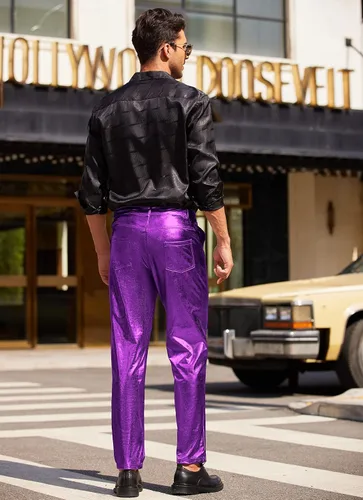Vista 3 de COOFANDY Pantalones de mezclilla metálicos brillantes para hombre, para fiesta, baile, discoteca, discoteca, pantalones de pierna recta, Metálico