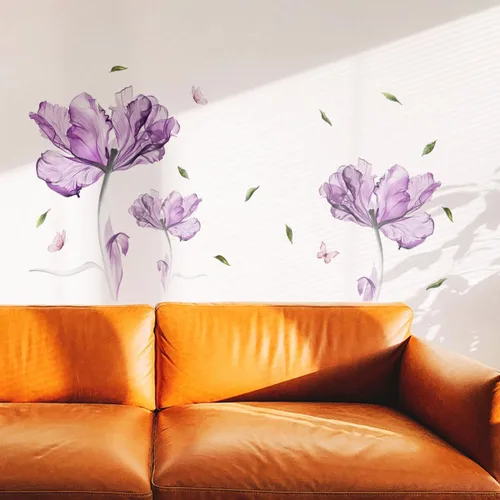 Vista 6 de Runtoo Calcomanías de pared de flores azules, diseño floral de amapola para niñas, dormitorio, sala de estar, baño, oficina, TV, decoración de fondo