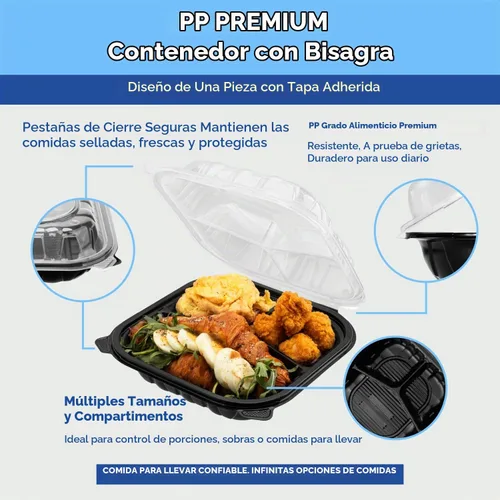 Vista 5 de Karat Contenedor con Bisagras de PP Premium [300 ct], Contenedores de Comida para Llevar - Caja (6"x6", 1 compartimento)