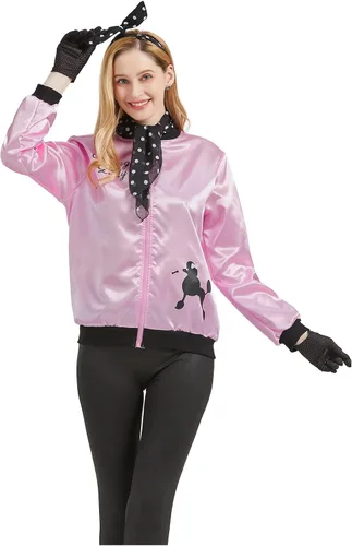 Vista 2 de Chaqueta rosa de los años 50 para mujer, disfraz de grasa para mujeres y niñas, disfraces de los años 50 para mujeres, disfraz de caniche
