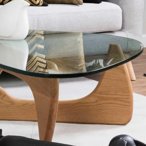 Vista 4 de Mesa auxiliar de cristal vintage triangular, mesa auxiliar de cristal con base de madera maciza y parte superior triangular de vidrio transparente