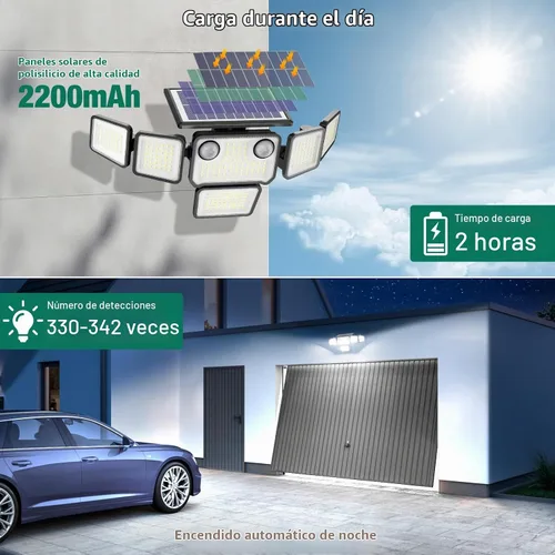 Vista 5 de Luces solares para exteriores, 6000 lm, 284 LED, doble sensor de movimiento, luces solares de 6 cabezales, luces de pared de seguridad, IP65