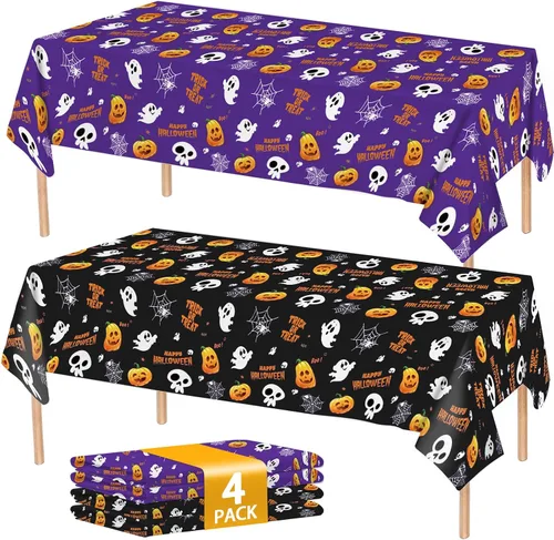 Vista 9 de ATFUNSHOP Mantel de plástico de Halloween, 4 unidades, 54 x 108 pulgadas, mantel rectangular desechable, tela de araña negra, impermeable, a prueba