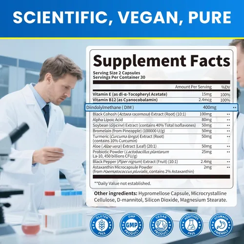 Vista 8 de Lukaree DIM Suplemento 400 mg para mujeres – 12 en 1 cápsulas liposomales diminutas – con cohosh negro, isoflavonas de soja y ácido alfa lipoico