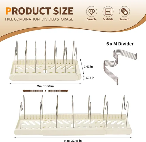 Vista 2 de Organizador expandible para ollas y sartenes, divisores ajustables de acero inoxidable, soporte para tapa de olla, organizador y almacenamiento