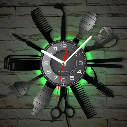 Vista 8 de Reloj de pared con herramientas de peluquería de 12 pulgadas con 7 colores cambiantes, reloj de pared para peluquería y negocios, reloj de pared