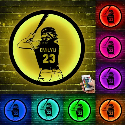 Vista 23 de Arte de Pared de Metal Personalizado de Béisbol con Bandera de EE.UU. con Luz LED, Letrero Personalizado con Nombre de Jugador de Sóftbol Americano