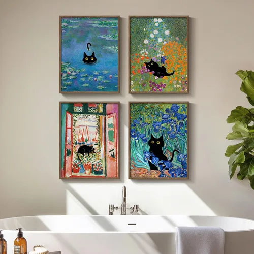 Vista 17 de Arte de pared divertido de vaca de las tierras altas enmarcado para baño, 4 piezas de divertidos animales, impresiones artísticas azul marino, linda
