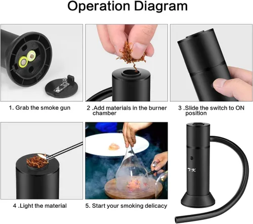 Vista 6 de Pistola para Ahumar Portátil, Ahumador de Cóctel para Carne, Bebidas, Queso, con Tapa para Tazas y Virutas de Madera Incluídas, Negro