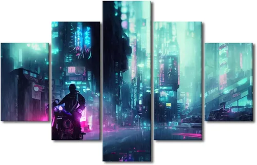 Vista 27 de Póster de 5 paneles en lienzo para decoración de pared, diseño de centro urbano Cyberpunk, impresión moderna, decoración de pared para el hogar