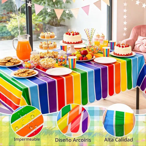 Vista 7 de PHOGARY Paquete de 3 manteles con temática de arco iris para decoración de fiestas, manteles rectangulares de plástico desechables, mantel de fiesta