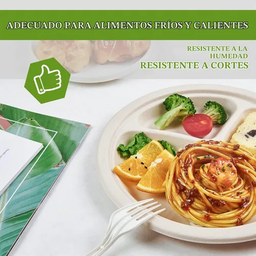Vista 3 de ECOLipak paquete de 125 platos desechables de 3 compartimentos, platos de papel compostables de 10 pulgadas de alta resistencia, hechos de fibras