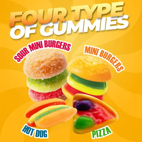 Vista 2 de eFrutti - Paquete variado de gomitas de gomitas, gomitas agridulces con hamburguesas, mini hamburguesas, pizza y hot dog picante, gomitas de frutas