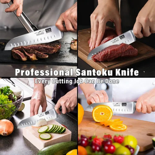 Vista 4 de Chef Knife, Santoku Knife,SHANZU Santoku Chef Knife 7 Inch High Carbon German Steel Chef Kitchen Knife with Gift Box