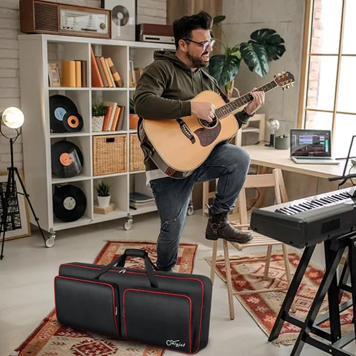 Vista 9 de SNIGJAT Funda para teclado de 49 teclas suave, bolsa de piano con bolsillos acolchados para piezas de instrumentos y accesorios, bolsa impermeable