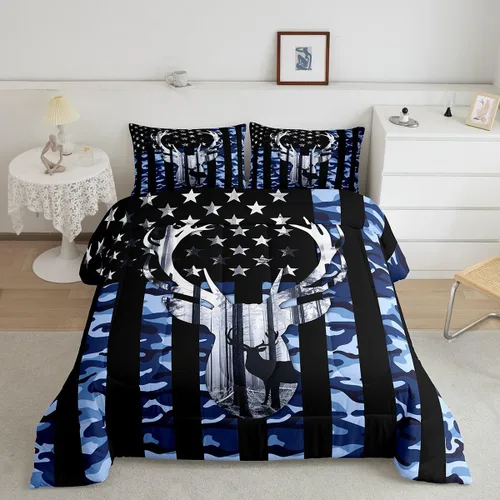 Vista 2 de Juego de edredón de tamaño matrimonial con bandera estadounidense de camuflaje para niños, cuernos de ciervo, banderas de camuflaje azul para Multi