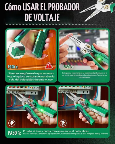 Vista 8 de Pelacables de 8 en 1, herramienta de pelado de cables con probador de voltaje, cortadores de cable con alicates, torsión, crimpadora, división