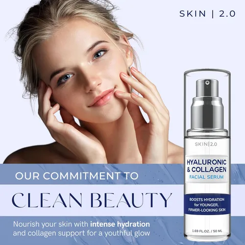 Vista 2 de Skin 2.0 Suero Facial de Ácido Hialurónico y Colágeno - Probado por Dermatólogos, Reafirmante, Hidratante - Antienvejecimiento, Belleza Limpia