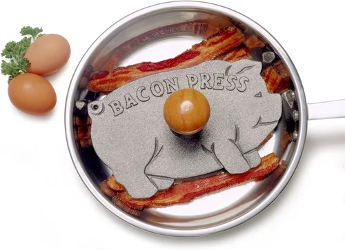 Vista 2 de Norpro Prensa de tocino en forma de cerdo de hierro fundido con mango de madera, 8.5in/21.5cm