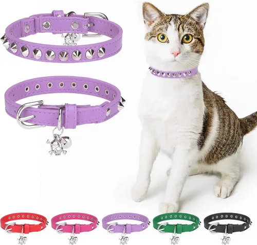 Vista 22 de Collares de cuero DILLYBUD para gatos macho y hembra con campana y cinturón elástico de seguridad, collar ajustable con hebilla de seguridad
