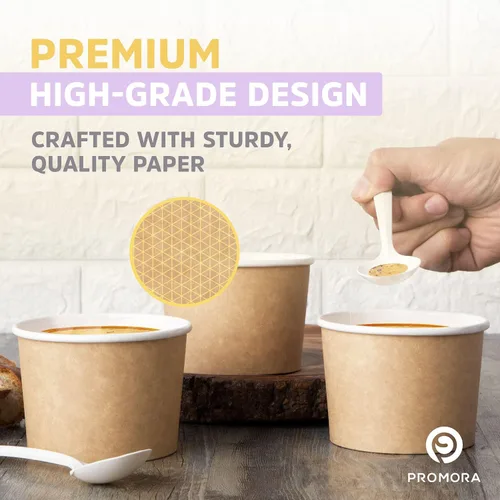 Vista 2 de Promora Tazas de helado de papel desechables de 12 onzas, 50 unidades + cucharas, cuencos para sopa caliente/postre con cucharas, perfectas