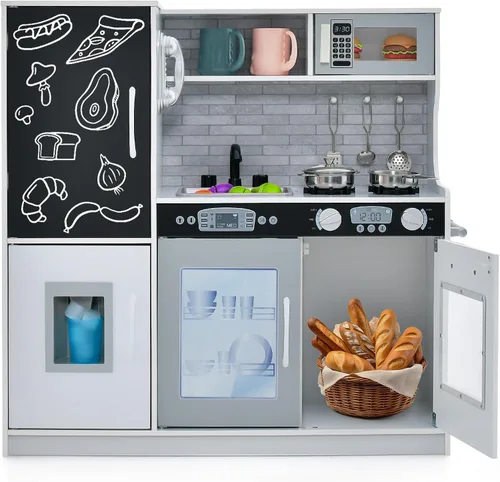 Vista 10 de Costzon Juego de cocina para niños, juego de juguetes de cocina de madera con sonido real, pizarra grande, teléfono, microondas, máquina de hielo