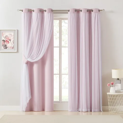 Vista 28 de Bujasso Cortinas 80% Opacas Beige con Superposición de Gasa Mezcla y Combinación Paneles de Ventana con Aislamiento Térmico de Doble Capa de 63