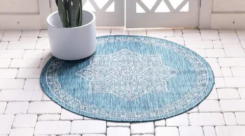Vista 2 de Unique Loom Alfombra de la colección tradicional para exteriores, antigua (4 pies 1 pulgada, redonda, verde azulado/gris)