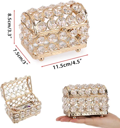 Vista 7 de Hipiwe Caja de joyería de cristal, caja dorada con espejo del tesoro, pequeña caja de recuerdos, vitrina decorativa para joyas, organizador