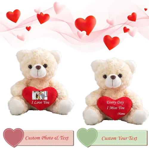 Vista 2 de Oso de peluche personalizado, oso de peluche con imagen de texto personalizada como regalo personalizado para novia, novio, 8 pulgadas