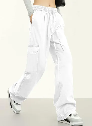 Vista 4 de Dokotoo Pantalones cargo de cintura alta y pierna ancha para mujer, con 6 bolsillos, holgados, informales, de combate, militares