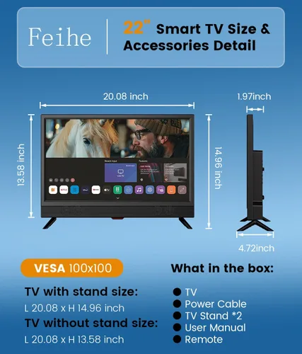 Vista 8 de Feihe Smart TV Full HD de 22 pulgadas Full HD 1080p Smart TV de cocina, televisión de pantalla plana con altavoces estéreo duales ruidosos