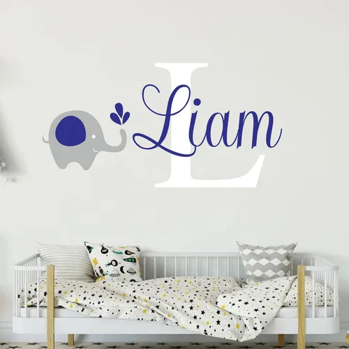 Vista 7 de Adhesivo de pared con nombre personalizado con elefante, calcomanía para el hogar, decoración de vinilo con nombre personalizado para niños, niñas