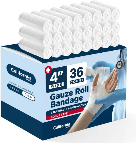Vista 14 de California Basics Paquete de 12 rollos de vendaje de gasa con cinta, 2 pulgadas x 4 yardas, envoltura suave, elástica y transpirable para el cuidado