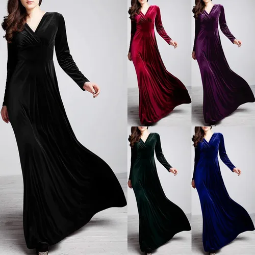 Vista 2 de SGASY Vestido largo de terciopelo elástico de manga larga con cuello en V para mujer, elegante vestido de cóctel con forro A
