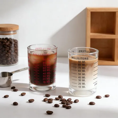 Vista 4 de Vaso de Medida de Chupito 3 onzas/90ML de Vidrio Pesado Líquido de Alta Calidad para Espresso, Copa Negra con Línea