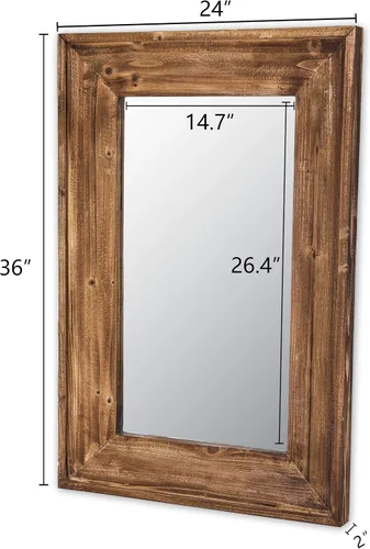 Vista 4 de Espejo de tocador de baño con marco de madera para montaje en pared, espejo rústico rectangular horizontal/vertical para sobre lavabo, dormitorio